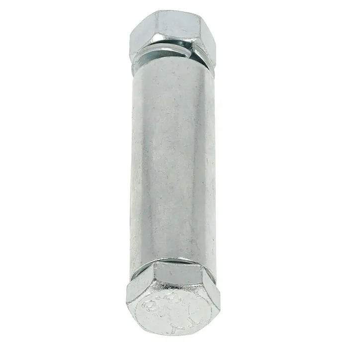 Stabilit Befestigungs-Set - Nabenlänge: 60 mm, Bohrung: 20 mm - Nahaufnahme eines verzinkten Sechskantbolzens mit Mutter und Unterlegscheibe. Ideal für robuste Befestigungen und Bauprojekte.