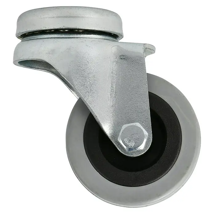 Stabilit Apparate-Lenkrolle - Durchmesser Rollen: 50 mm, Traglast: 45 kg, Material Rad: Gummi, Mit Rückenloch, Gleitlager - Nahaufnahme eines Möbelrades mit grauem Rad und silberner Halterung auf schwarzem Hintergrund.
