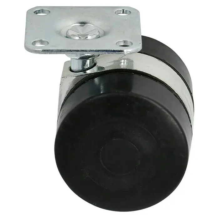 Stabilit Doppelrolle - Durchmesser Rollen: 45 mm, Traglast: 55 kg, Gleitlager, Mit Platte - Nahaufnahme einer Möbelrolle mit schwarzem Rad und silberner Befestigungsplatte, ideal für Büromöbel und Rollcontainer.
