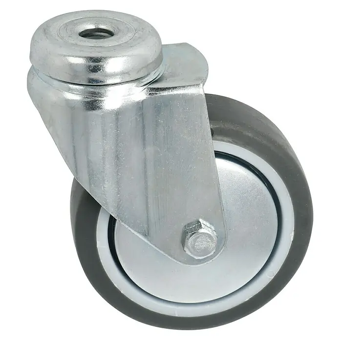 Stabilit Apparate-Lenkrolle - Durchmesser Rollen: 75 mm, Traglast: 50 kg, Gleitlager, Mit Rückenloch - Nahaufnahme eines schwenkbaren Rollenrades aus Metall mit grauem Rad. Ideal für Möbel oder Werkstattausrüstung.