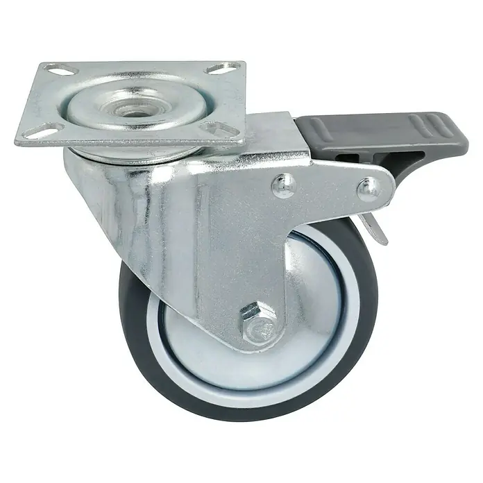 Stabilit Apparate-Lenkrolle - Durchmesser Rollen: 75 mm, Traglast: 50 kg, Gleitlager, Mit Platte und Feststeller - Eine Lenkrolle mit Bremse. Das Rad ist grau und die Halterung aus Metall. Ideal für Möbel oder Geräte.
