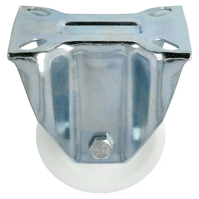 Stabilit Transportgeräte-Bockrolle - Durchmesser Rollen: 80 mm, Traglast: 100 kg, Gleitlager, Höhe: 107 mm, Material Rad: Polyamid - Nahaufnahme einer Lenkrolle mit einer weißen Rolle und einer glänzenden, metallenen Halterung, die für Möbel oder Geräte verwendet wird.