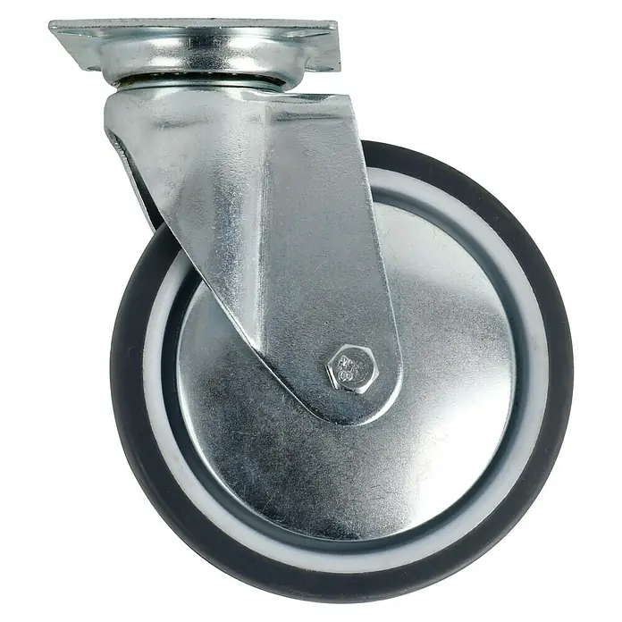 Stabilit Apparate-Lenkrolle - Durchmesser Rollen: 100 mm, Traglast: 55 kg, Gleitlager, Mit Platte - Rollende Mobilität: Detailaufnahme eines robusten Lenkrads mit silberner Metallhalterung und grauem Rad.