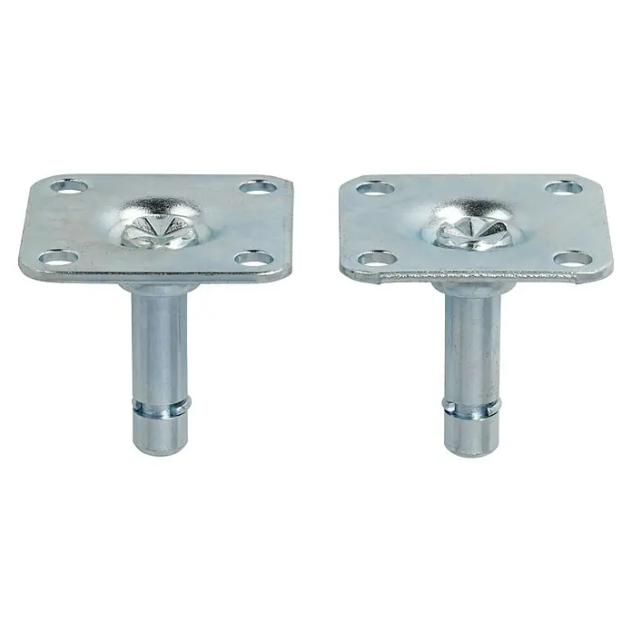 Stabilit Anschraubplatte - 38 x 38 x 36 mm, Loch-/ Stiftdurchmesser: 8 mm - Zwei silberne Möbelgleiter mit quadratischer Montageplatte und zylindrischem Stift für stabilen Halt.