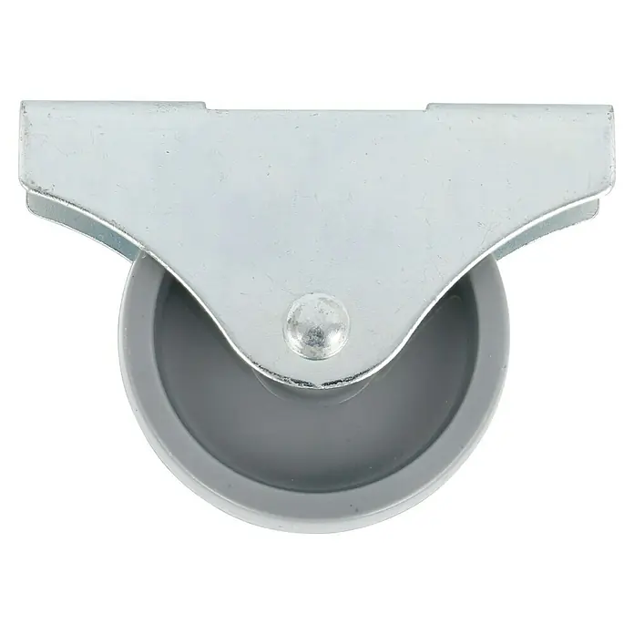Stabilit Möbel-Bockrolle - Durchmesser Rollen: 45 mm, Traglast: 50 kg, Gleitlager, Höhe: 48 mm - Nahaufnahme eines grauen Möbelrades mit silberner Halterung, ideal für leichtes Bewegen von Möbeln.