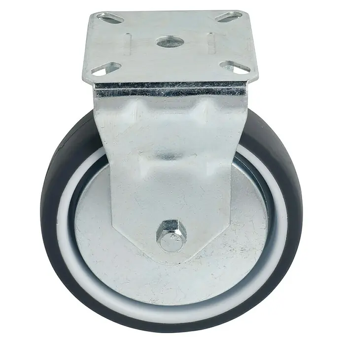 Stabilit Apparate-Bockrolle - Durchmesser Rollen: 100 mm, Traglast: 55 kg, Gleitlager, Höhe: 124 mm - Abgebildet ist eine Lenkrolle mit Montageplatte und grauem Rad. Die Rolle ist für verschiedene Anwendungen geeignet.