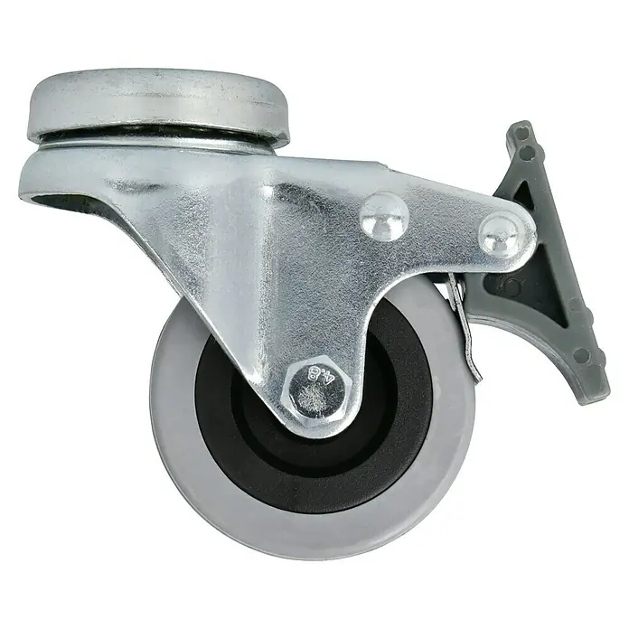 Stabilit Apparate-Lenkrolle - Durchmesser Rollen: 50 mm, Traglast: 45 kg, Material Rad: Gummi, Mit Rückenloch und Feststeller, Gleitlager - Eine Nahaufnahme eines Möbelrades mit Feststellbremse, ideal für Büromöbel oder Werkstattwagen, in Grau und Silber gehalten.