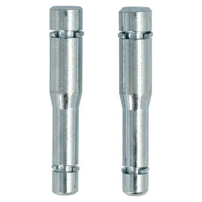 Stabilit Bundstift - Loch-/ Stiftdurchmesser: 10 mm, Geeignet für: Rückenloch 8 mm, 2 Stk. - Nahaufnahme von zwei metallischen Bremsbelagstiften mit Sicherungsringen, die ihre Haltbarkeit und wichtige Rolle im Bremssystem hervorheben.