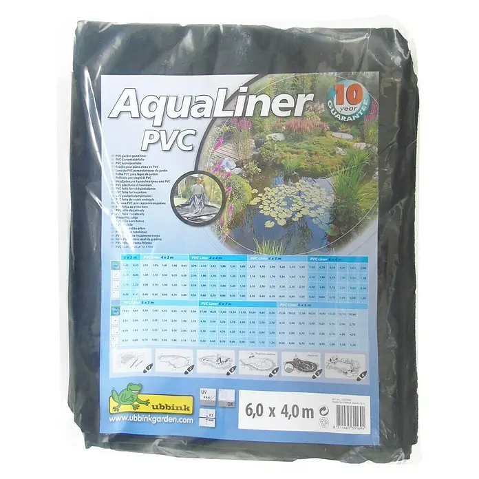 Ubbink PVC-Teichfolie AquaLiner - Stärke: 0,5 mm, L x B: 6 x 4 m - Produktaufnahme einer schwarzen AquaLiner PVC Teichfolie (6,0 x 4,0 m) mit 10 Jahren Garantie, ideal für Gartenteiche.