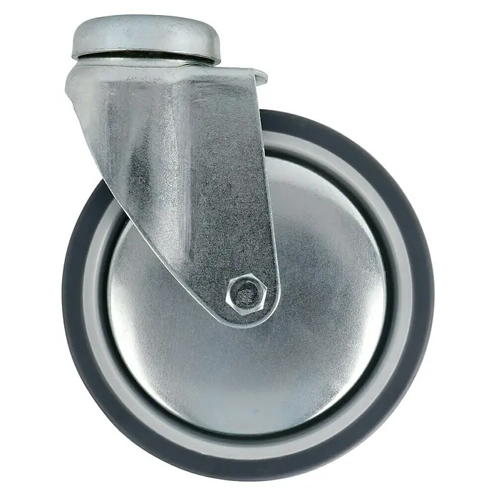 Stabilit Apparate-Lenkrolle - Durchmesser Rollen: 100 mm, Traglast: 55 kg, Gleitlager, Mit Rückenloch - Nahaufnahme eines silberfarbenen Möbelrades mit grauem Reifen vor schwarzem Hintergrund.