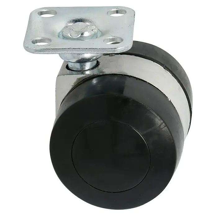 Stabilit Doppelrolle - Durchmesser Rollen: 35 mm, Traglast: 50 kg, Gleitlager, Mit Platte - Nahaufnahme einer Möbelrolle mit schwarzem Rad und silberner Halterung, ideal für flexible Möbelbewegungen.