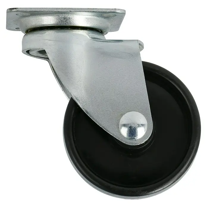 Stabilit Möbel-Lenkrolle - 50 mm, Traglast: 35 kg, Gleitlager, Höhe: 66 mm, Mit Platte - Lenkrolle mit Platte zur Befestigung an Möbeln oder Geräten, mit schwarzem Rad und silberner Halterung für einfache Mobilität.
