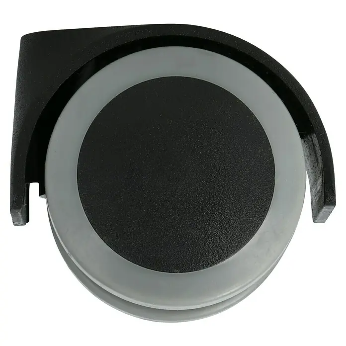 Stabilit Doppelrolle - Traglast: 40 kg, Schwarz/Grau, Thermoplastische Elastomere (TPE), Durchmesser Rückenloch: 10 mm - Nahaufnahme eines Möbelrollenrades mit schwarzer Halterung und grauem Rad. Das Rad ist zentral im Bild platziert.