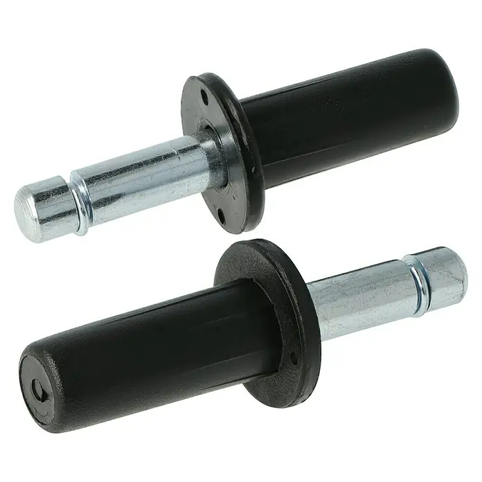 Stabilit Befestigungs-Set - Geeignet für: Rohrinnendurchmesser 13 mm, Material Einschlaghülse: Kunststoff, Loch-/ Stiftdurchmesser: 8 mm, 2 Stk. - Zwei Möbelschrank-Regalstützstifte mit schwarzem Kunststoffkörper und Metallstift.