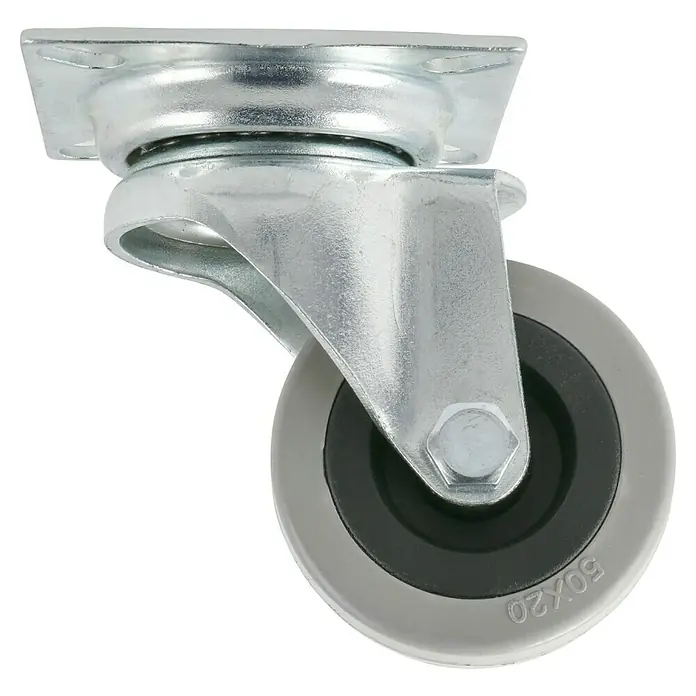 Stabilit Apparate-Lenkrolle - Durchmesser Rollen: 50 mm, Traglast: 45 kg, Material Rad: Gummi, Mit Platte, Gleitlager - Ein Lenkrolle mit grauer Lauffläche und verzinkter Halterung, ideal für Möbel und Geräte, die Mobilität benötigen.