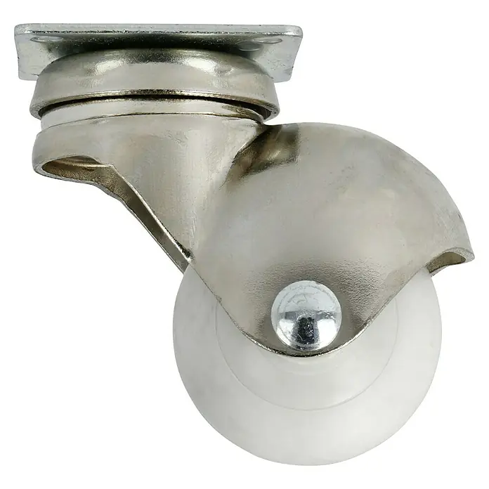 Stabilit Möbel-Lenkrolle - Durchmesser Rollen: 40 mm, Traglast: 25 kg, Gleitlager, Mit Platte - Nahaufnahme eines Möbelrollers mit einer weißen Rolle und einem silberfarbenen Gehäuse, ideal für flexible Möbellösungen.