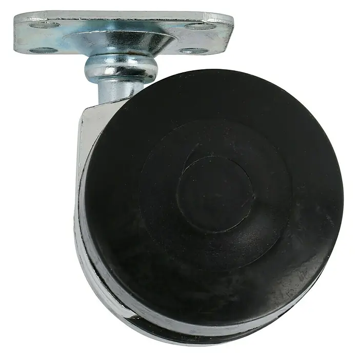 Stabilit Doppelrolle - Durchmesser Rollen: 45 mm, Traglast: 55 kg, Gleitlager, Mit Platte - Nahaufnahme eines Möbelrades mit einer schwarzen Rolle und einer silbernen Halterung, das für leichte Mobilität sorgt.