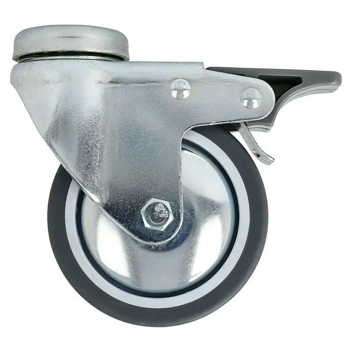 Stabilit Apparate-Lenkrolle - Durchmesser Rollen: 75 mm, Traglast: 50 kg, Gleitlager, Mit Rückenloch und Feststeller - Feststellbare Lenkrolle mit grauem Rad. Die Lenkrolle besteht aus Stahl und hat einen grauen Gummi-Reifen mit einer weißen Linie.
