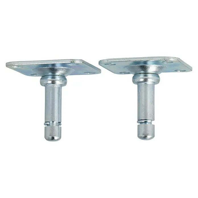 Stabilit Anschraubplatte - 38 x 38 x 36 mm, Loch-/ Stiftdurchmesser: 8 mm - Zwei silberne Möbelbeine mit quadratischer Befestigungsplatte. Ideal zum Anbringen an Möbeln für stabilen Halt und modernes Aussehen.
