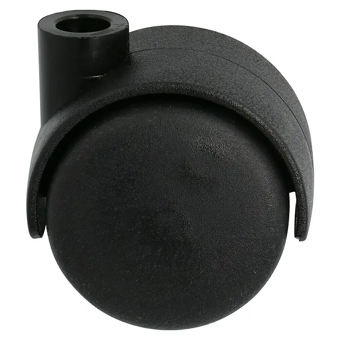 Stabilit Doppelrolle - Durchmesser Rollen: 40 mm, Traglast: 20 kg, Gleitlager, Mit Rückenloch, Durchmesser Rückenloch: 8 mm - Nahaufnahme eines schwarzen Möbelrades, das für Bürostühle oder andere Möbelstücke verwendet wird. Es zeigt die Details und die solide Bauweise.
