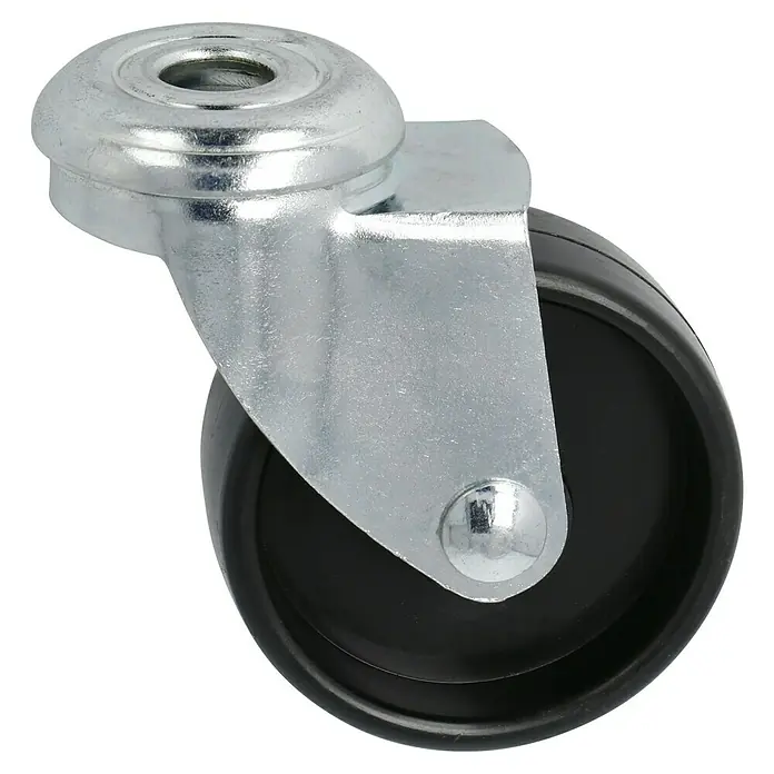 Stabilit Rueda giratoria para muebles - 50 mm, Capacidad de carga: 35 kg, Casquillo liso, Altura: 66 mm, Con agujero pasante - Primer plano de una rueda para muebles con soporte plateado y rueda negra sobre fondo negro.