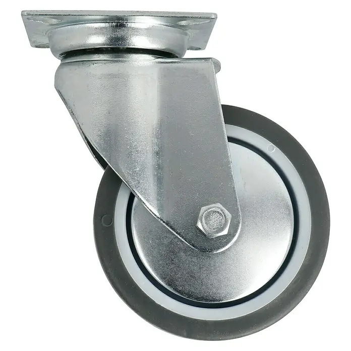 Stabilit Apparate-Lenkrolle - Durchmesser Rollen: 75 mm, Traglast: 50 kg, Gleitlager, Mit Platte - Detailaufnahme einer Lenkrolle mit Metallgehäuse und grauem Rad für vielseitige Einsatzmöglichkeiten im Lager und Werkstatt.