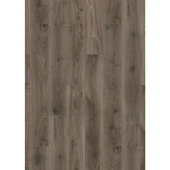 Krono Original Laminat Atlantic 12 - Steelworks Oak, Landhausdiele, 1.288 x 195 x 12 mm - Nahaufnahme eines Laminatbodens in Grau mit deutlicher Holzmaserung und Fugenlinien für eine realistische Optik.