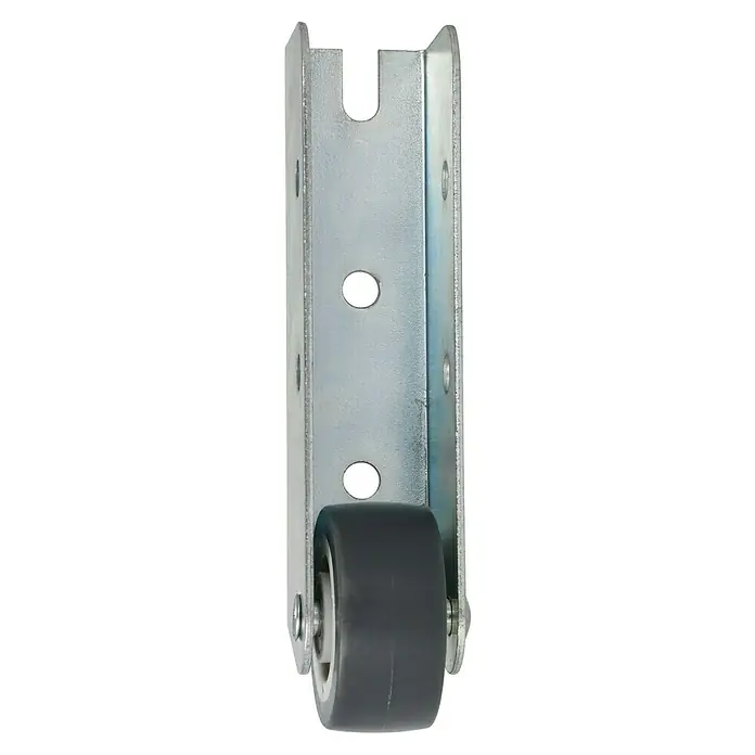 Stabilit Möbel-Bockrolle - Durchmesser Rollen: 38 mm, Traglast: 45 kg, Gleitlager, Mit Platte - Das Bild zeigt eine Möbelrolle mit einer robusten Halterung aus Metall, ideal für den Einsatz an Schiebetüren oder Möbeln.