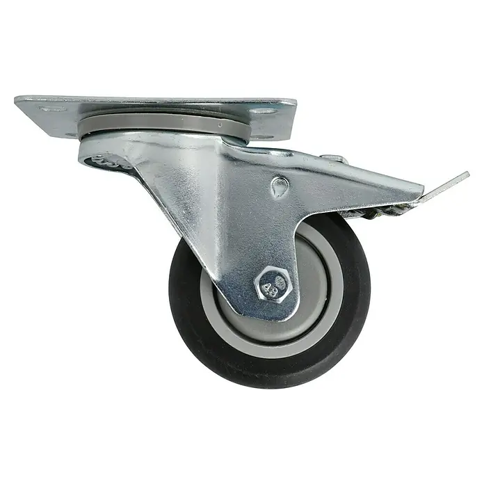 Dörner & Helmer Transportgeräterolle - Durchmesser Rolle: 80 mm, Traglast: 100 kg, Mit Platte und Feststeller - Schwenkrolle mit Bremse. Die silberne Lenkrolle ist mit einer schwarzen Gummierung und einem Bremshebel für den sicheren Stand ausgestattet.