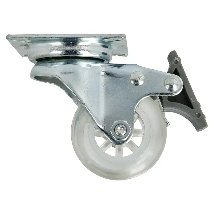 Dörner & Helmer Design-Lenkrolle - Durchmesser Rollen: 50 mm, Traglast: 40 kg, Gleitlager - Nahaufnahme eines transparenten Möbelrollers mit Feststellbremse und silberfarbener Halterung, ideal für bewegliche Möbelstücke.