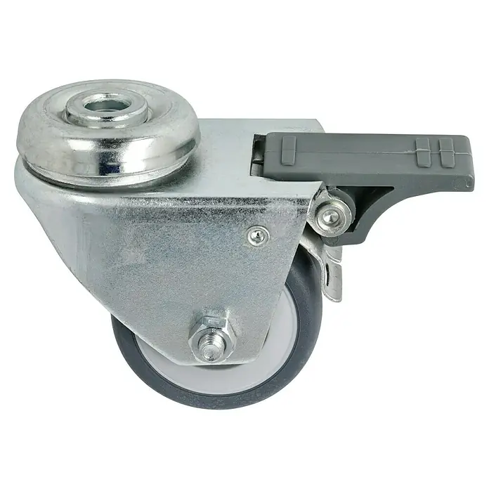 Dörner & Helmer Apparate-Doppelrolle - Durchmesser Rollen: 50 mm, Traglast: 80 kg, Gleitlager, Mit Rückenloch und Feststeller - Nahaufnahme einer Lenkrolle mit Bremse. Sie ist verzinkt und hat ein graues Rad, das für Möbel oder Geräte geeignet ist.
