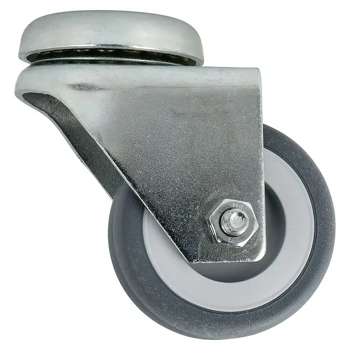 Dörner & Helmer Apparate-Doppelrolle - Durchmesser Rollen: 50 mm, Traglast: 80 kg, Gleitlager, Mit Rückenloch - Nahaufnahme eines Lenkrollenrades mit grauem Rad und Metallgehäuse.