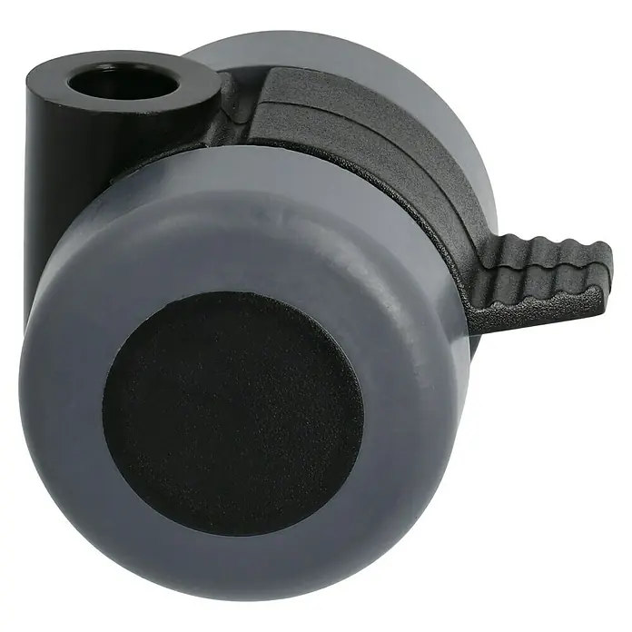 Stabilit Parkett-Containerrolle - Durchmesser Rollen: 35 mm, Traglast: 70 kg, Gleitlager, Mit Rückenloch und Feststeller, Durchmesser Rückenloch: 8 mm - Detailaufnahme einer grauen Bürostuhlrolle mit Feststellbremse und schwarzer Halterung vor schwarzem Hintergrund.