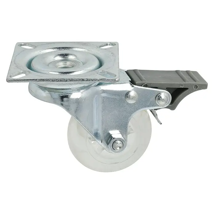 Dörner & Helmer Design-Lenkrolle - Durchmesser Rollen: 50 mm, Traglast: 40 kg, Gleitlager - Eine Nahaufnahme eines Rollenrades mit Bremse, das glänzend und bereit zur Montage ist.