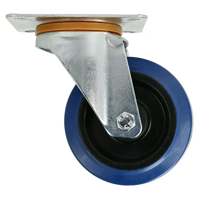 Stabilit Transportgeräterolle - Durchmesser Rollen: 100 mm, Traglast: 150 kg, Rollenlager, Mit Platte - Nahaufnahme einer Lenkrolle mit blauer Polyurethan-Lauffläche, einem verzinkten Gehäuse und einem Drehlager mit orangem Dichtring.
