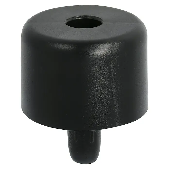 Möbelgleiter - Ø x H: 50 x 35 mm, Traglast: 20 kg, Mit Einsteckzapfen, Schwarz - Detailaufnahme einer schwarzen Kunststoffkappe mit einer Öffnung oben und einem kleinen Stift unten.