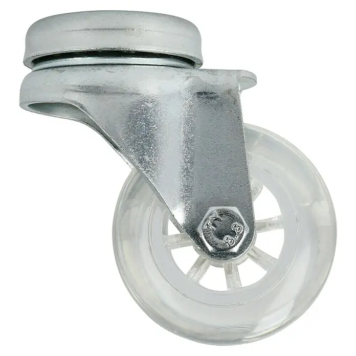 Dörner & Helmer Design-Lenkrolle - Durchmesser Rollen: 50 mm, Traglast: 40 kg, Gleitlager, Mit Rückenloch - Nahaufnahme eines Möbelrades mit einer transparenten Rollfläche und einer glänzenden Metallhalterung vor schwarzem Hintergrund.