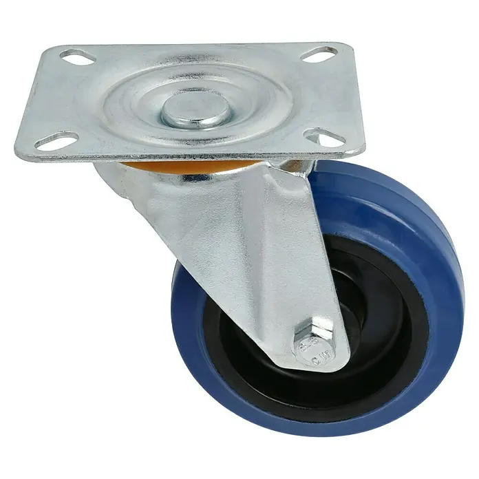 Stabilit Transportgeräterolle - Durchmesser Rollen: 100 mm, Traglast: 150 kg, Rollenlager, Mit Platte - Ein blaues Schwenkrad mit einer silbernen Montageplatte und einem verzinkten Gehäuse für eine einfache und stabile Befestigung.