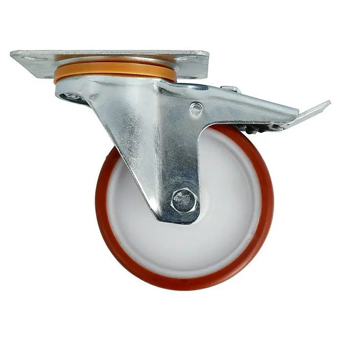 Stabilit Transportgeräterolle - Durchmesser Rollen: 100 mm, Traglast: 150 kg, Gleitlager, Mit Platte und Feststeller - Lenkrolle mit Feststeller, verzinkt, mit orangefarbenem Rand und weißem Kern. Ideal für den Einsatz in Industrie und Werkstatt.