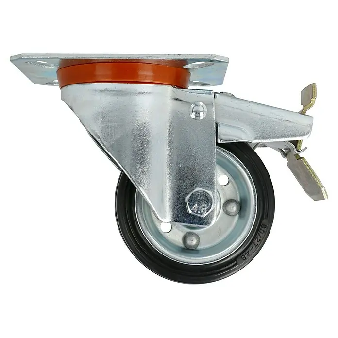 Stabilit Rueda de transporte industrial - Diámetro ruedas: 80 mm, Capacidad de carga: 50 kg, Rodamiento de rodillos, Con placa y freno - Rueda giratoria con freno para muebles o carros industriales. Diseño robusto con carcasa metálica y rueda de goma negra.