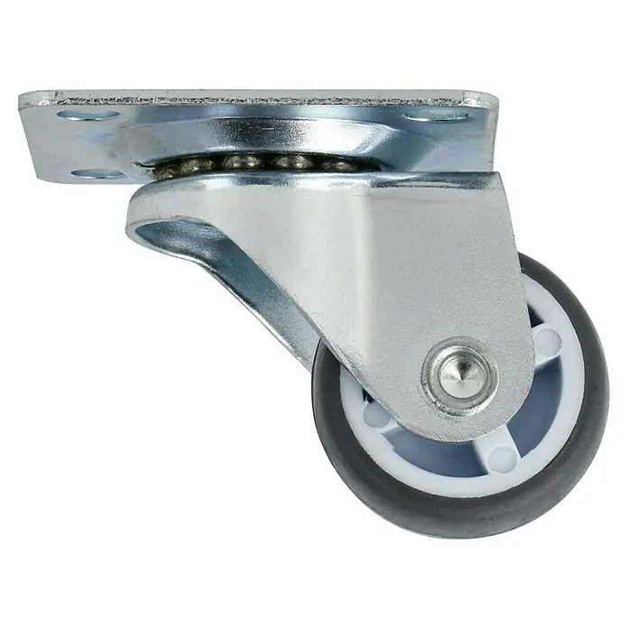 Stabilit Möbel-Lenkrolle - Durchmesser Rollen: 25 mm, Traglast: 15 kg, Gleitlager, Höhe: 35 mm - Ein Schwenkrad mit einer grauen Gummikante und einer weißen Mitte, montiert an einer Metallhalterung, die an einer Metallplatte befestigt ist.