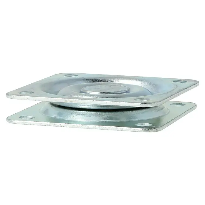 Stabilit Drehplatte - Maße Platte: 57 x 57 mm, Kugellager - Nahaufnahme einer Drehlagerplatte aus Metall mit vier Löchern für Schrauben, die zur Befestigung dient und eine Drehung ermöglicht.
