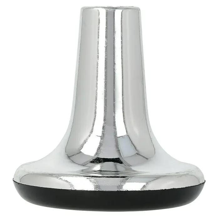 Stabilit Möbelgleiter - Ø x H: 64 x 66 mm, Traglast: 40 kg, Durchmesser Rückenloch: 8 mm, Verchromt - Nahaufnahme eines verchromten Stuhlbeins mit schwarzem Gummifuß, das auf einer ebenen Fläche steht.
