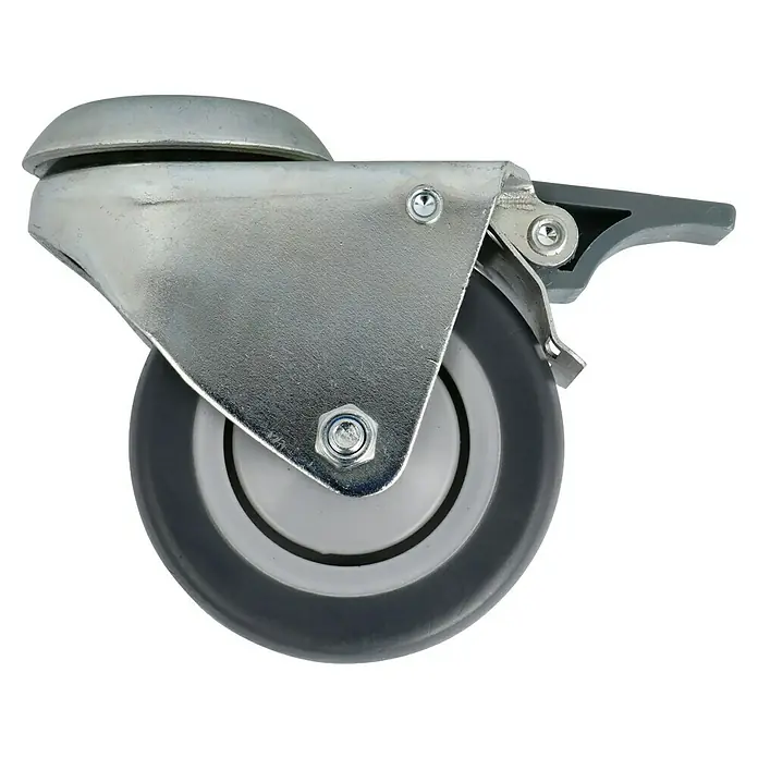 Dörner & Helmer Apparate-Doppelrolle - Durchmesser Rollen: 75 mm, Traglast: 100 kg, Gleitlager, Mit Rückenloch und Feststeller - Nahaufnahme eines Möbelrades mit Feststellbremse. Das Rad ist grau und die Halterung ist aus Metall mit einer Feststellbremse aus Kunststoff.