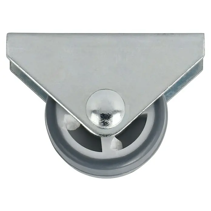 Stabilit Möbel-Bockrolle - Durchmesser Rollen: 25 mm, Traglast: 30 kg, Gleitlager, Mit Platte - Nahaufnahme einer Rollenlenkrolle mit einer grauen Kunststoffscheibe und einer silberfarbenen Metallhalterung für Möbel oder Geräte.