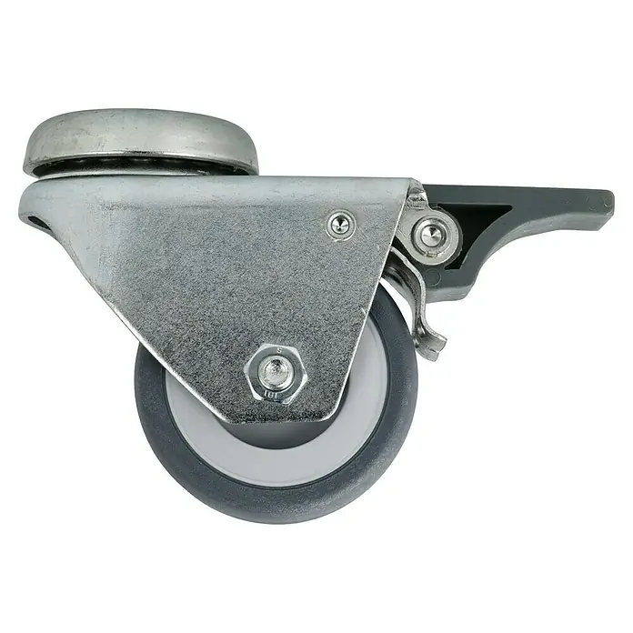 Dörner & Helmer Apparate-Doppelrolle - Durchmesser Rollen: 50 mm, Traglast: 80 kg, Gleitlager, Mit Rückenloch und Feststeller - Nahaufnahme einer Lenkrolle mit Bremse, ideal für Möbel oder industrielle Anwendungen. Robuste Konstruktion und einfache Bedienung.
