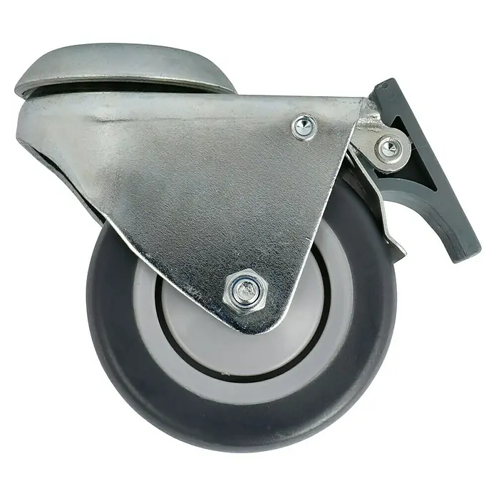 Dörner & Helmer Apparate-Doppelrolle - Durchmesser Rollen: 75 mm, Traglast: 100 kg, Gleitlager, Mit Rückenloch und Feststeller - Graues Rad mit Bremse und metallener Halterung, ideal für Möbel und Geräte. Leichtgängig und robust für vielfältige Anwendungen.