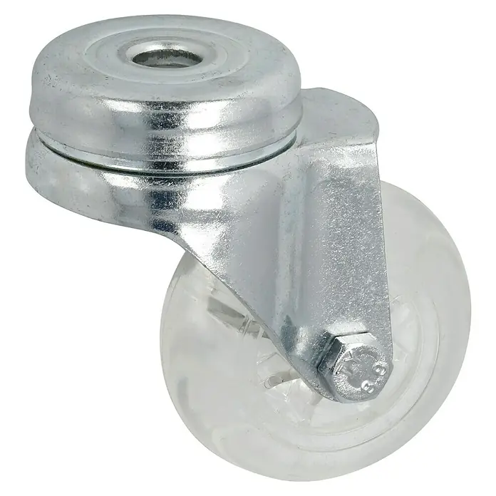 Dörner & Helmer Design-Lenkrolle - Durchmesser Rollen: 50 mm, Traglast: 40 kg, Gleitlager, Mit Rückenloch - Nahaufnahme einer Lenkrolle mit transparenter Rolle und metallischer Halterung, ideal für Möbel oder Geräte.
