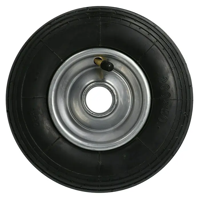 Dörner & Helmer Luftrad - Durchmesser: 200 mm, Traglast: 75 kg, Material Felge: Stahlblech, Nabenlänge: 60 mm - Schwarzes Rad mit silberner Felge, ideal für Schubkarren und andere Geräte. Robuste Konstruktion für zuverlässigen Einsatz.