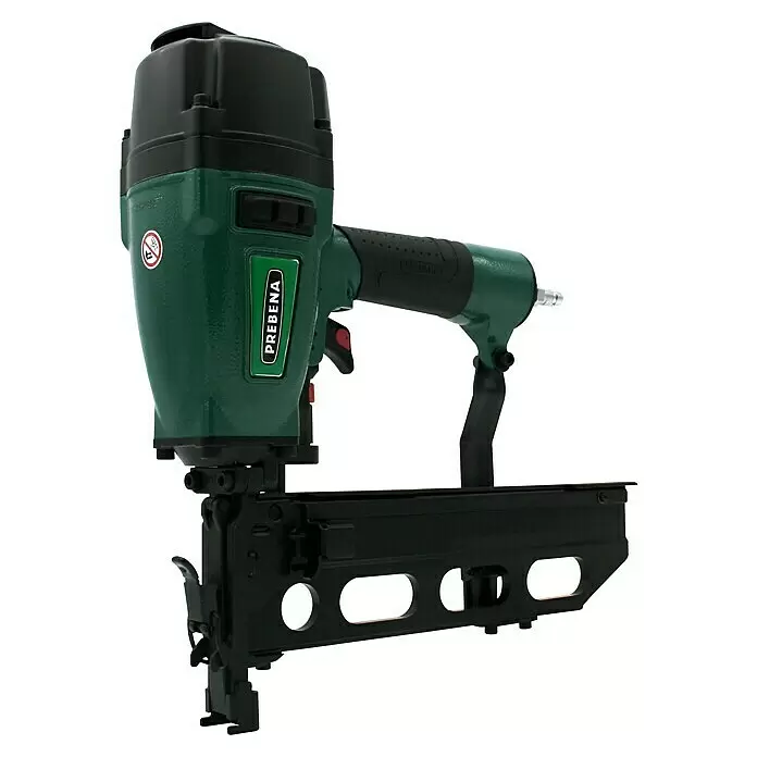 Prebena Druckluftnagler 5C-Z75 - Betriebsdruck: 5 bar - 8 bar, Passend für: Prebena Heftklammern der Type Z von 35 - 75 mm - Grün-schwarzes Druckluftnagelgerät mit langem Magazin.